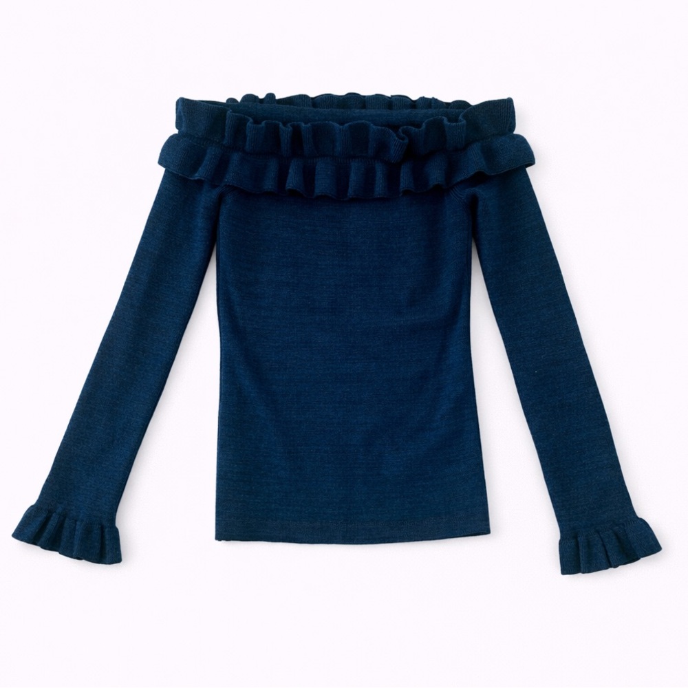 White House Black Market Off-Shoulder Ruffle Knit Top in Navy sweater